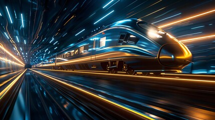 Sleek train in black gold style, zooming fast, light streaks forming, on a technological line backdrop