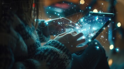Poster - Woman holding a smart phone with a network of dots, suitable for technology concepts