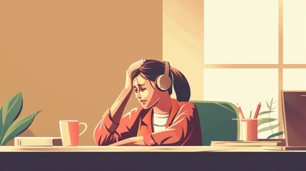 Wall Mural - Burnout concept illustration with exhausted female chinese office worker sitting at the table. Frustrated worker mental health problems. Vector illustration in flat style 