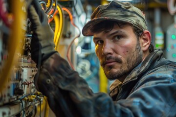 Aufkleber - A man working on a machine in a factory. Ideal for industrial concepts