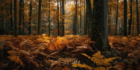 Poster - Sunlight filtering through dense woodland, suitable for nature themes