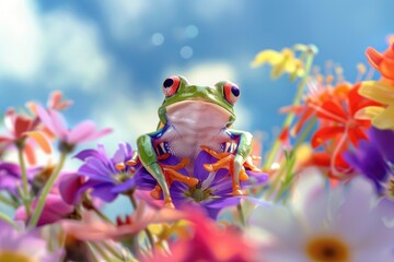 Poster - A frog perched on a vibrant purple flower. Suitable for nature-themed designs