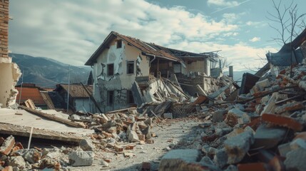 Poster - A pile of rubble next to a building. Suitable for construction industry projects
