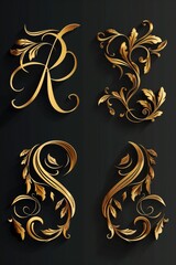 Poster - Elegant set of four golden letters with decorative swirls and leaves. Perfect for luxury and sophisticated designs