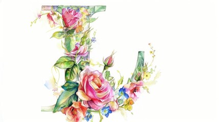Poster - Beautiful watercolor painting of a letter J decorated with colorful flowers. Perfect for greeting cards or stationery designs