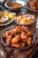 Aufkleber - A wooden table topped with plates of food, perfect for food blogs or restaurant menus