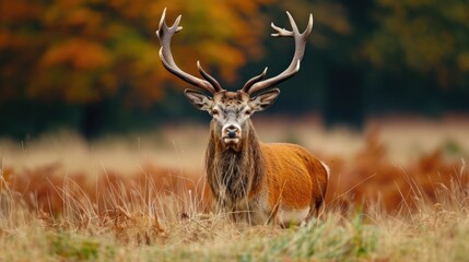 Poster - A majestic deer standing in a field of tall grass. Perfect for nature and wildlife themes