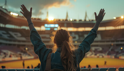 Wall Mural - A woman is standing in a stadium with her arms raised in the air