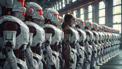 Wall Mural - A woman stands in front of a row of robots