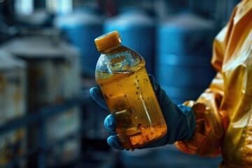 Poster - Person in yellow jacket holding a bottle of liquid. Suitable for various commercial or lifestyle concepts