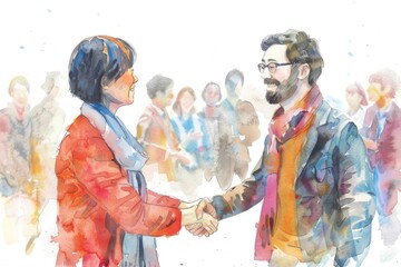 Poster - Two people shaking hands in front of a crowd. Suitable for business and teamwork concepts