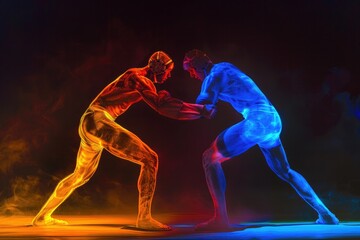Poster - Two men standing together on a stage. Suitable for business or teamwork concepts