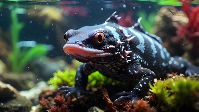 Black salamander fish swimming in a marine aquarium, axolotl photos, aquatic background, magnificent breeding church coloring, and colorful creature decoration