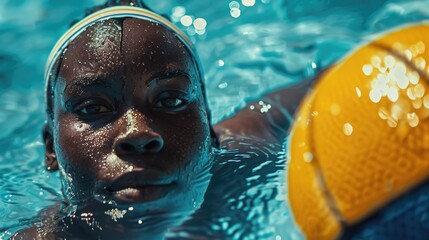 Poster - A woman enjoying the water with a yellow ball. Perfect for summer vacation concept