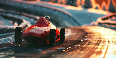 Poster - Toy racing car on a track in the rain, suitable for sports and weather concepts