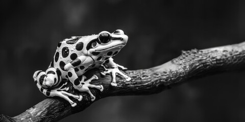 Poster - A black and white photo of a frog on a branch. Suitable for nature and animal themes