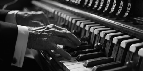 Poster - A close up of a person playing a piano. Suitable for music-related designs