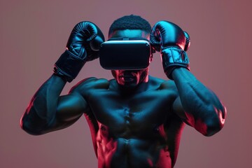 Poster - A man wearing boxing gloves and a virtual reality headset. Suitable for sports and technology concepts