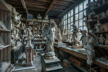 Aufkleber - A room filled with statues and shelves. Suitable for interior design projects