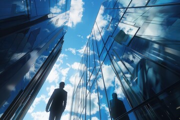 Poster - A man standing in front of a modern skyscraper, suitable for business concepts