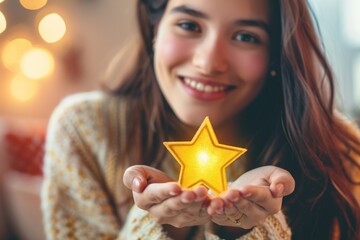 Wall Mural - A woman holding a yellow star. Suitable for various design projects