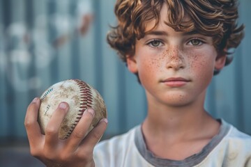 Aufkleber - A young boy holding a baseball, perfect for sports and childhood themes