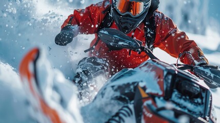 Poster - A man riding a snowmobile down a snowy slope. Perfect for winter sports and adventure concepts