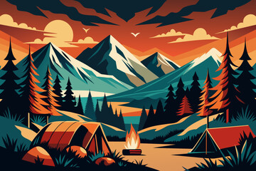 Wall Mural - Summer mountain landscape with camping tent near the forest