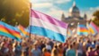 © Arthur - transgender flag on the background of the pride parade, lgbt pride month, fight against transphobia, tolerance