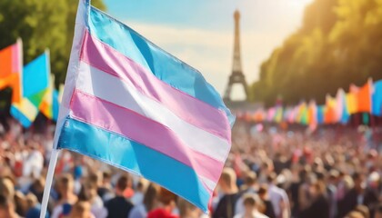 transgender flag on the background of the pride parade, lgbt pride month, fight against transphobia, tolerance