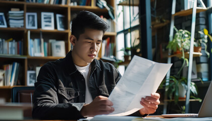 Wall Mural - A young man is sitting at a table with a white piece of paper in front of him