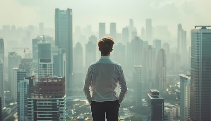 Wall Mural - A man stands in the middle of a city, looking out over the skyline