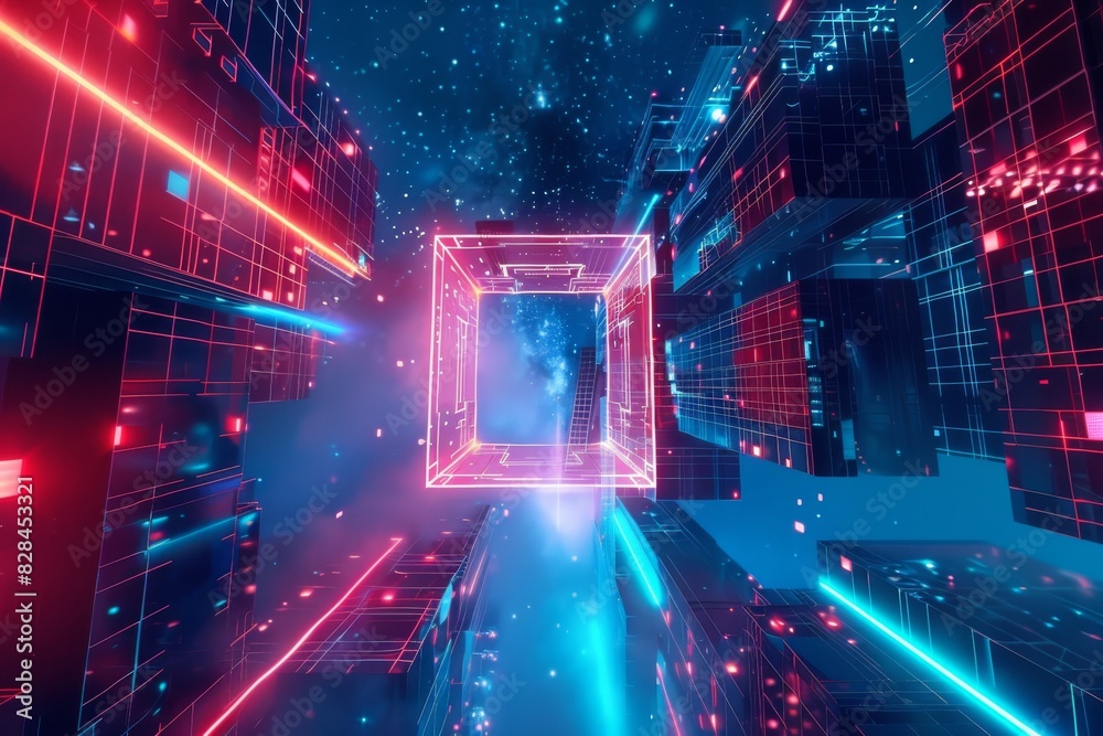 3d render abstract red blue neon background. Glowing linear volumetric ...