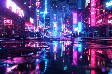 3D Rendering of neon mega city with light reflection from puddles on street heading toward buildings. Concept for night life business district center (CBD)Cyber punk theme tech background 