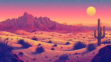 Wall Mural - AI generated illustration of an 8-bit desert landscape, where detailed sand dunes meet retro colors