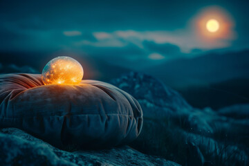 Wall Mural - A pillow with a glowing ball on it sits on a rocky hillside