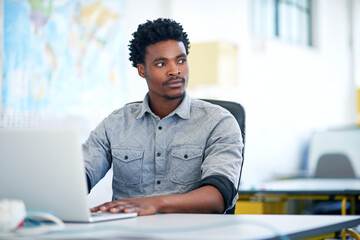 Poster - Office, thinking and black man with laptop, ideas and website for business at international agency. Research, consultant or travel agent at desk with computer for schedule, agenda or online booking