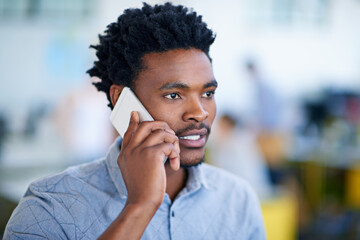 Poster - Office, creative and black man with phone call for networking, planning and contact at design startup. Conversation, chat and businessman with smartphone for discussion, negotiation or communication