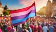 © Arthur - bisexual flag on the background of the pride parade, lgbt pride month, fight against homophobia, tolerance, rally of many people