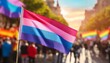 © Arthur - bisexual flag on the background of the pride parade, lgbt pride month, fight against homophobia, tolerance, rally of many people