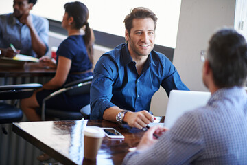 Poster - Job center, discussion and business people in office for career consulting, hiring and onboarding. Professional, meeting and men with laptop for online application, recruitment agency and employment