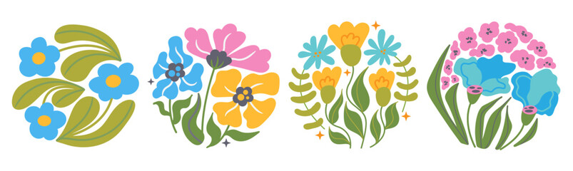 Wall Mural - set of groovy flower plant. circle botanical shape in modern style. curvy psychedelic summer floral 