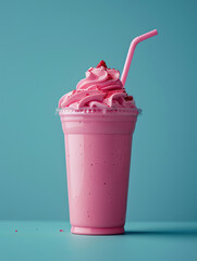 Wall Mural - pink drink with a straw on blue background 