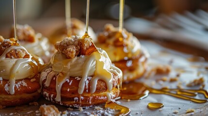 Wall Mural - AI generated illustration of a close-up of pastries with drizzled melted sugar and sauce