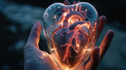 A transparent, glowing model of a heart on one hand