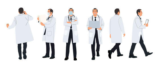 Male doctor character set with different poses, views full length. Confident healthcare professional wearing lab coat, mask, stethoscope, holding tablet, laptop, phone. Vector illustration isolated.