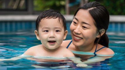 Canvas Print - A woman and child in a pool with water around them, AI