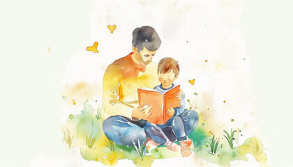 Wall Mural - A man and a child are reading a book together