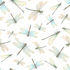 Abstract fluttering dragonflies. Seamless pattern with insects. Damselflies with golden wings. Levitation of flying animals. Watercolor illustration. For wedding design, birthday package, textile
