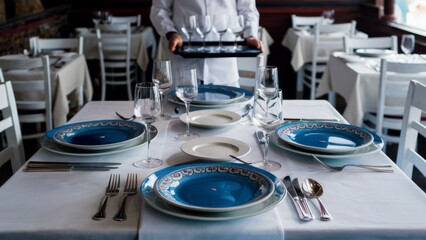 Wall Mural - A waiter is setting a table with plates and silverware, AI